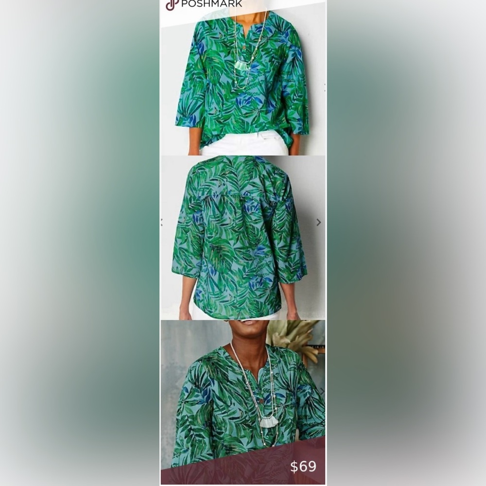 NWOT J.Jill Voile Shirred Tunic Blouse Blue Green Lightweight Cotton Size Large - Picture 8 of 8